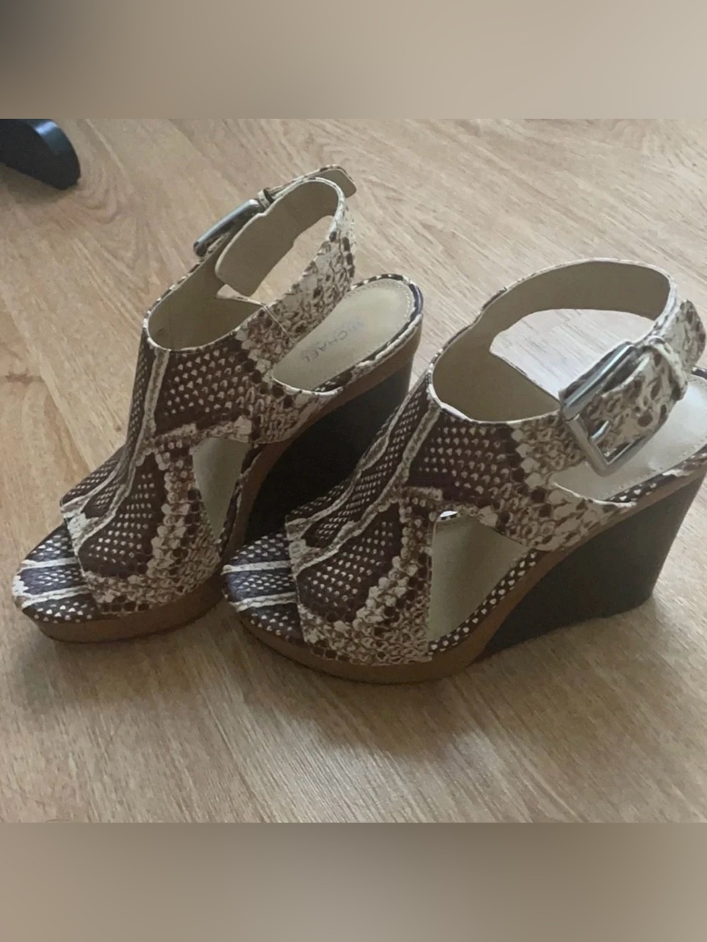 Michael Kors Snake-Print Wedge Sandals in Brown and Cream